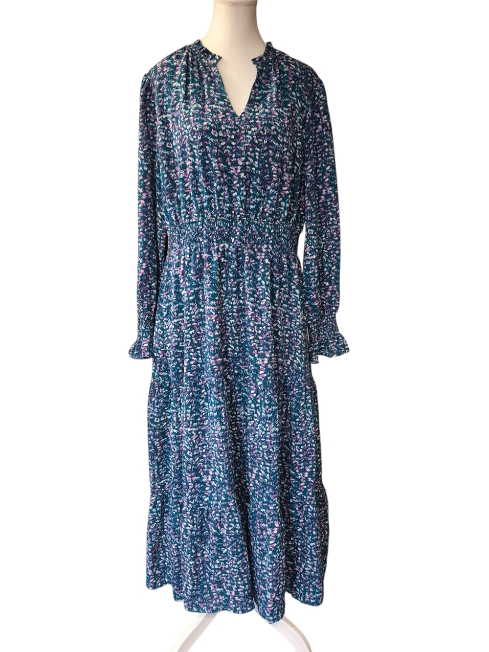 Long-Sleeve Teal Floral Midi Dress with Smocked Waist